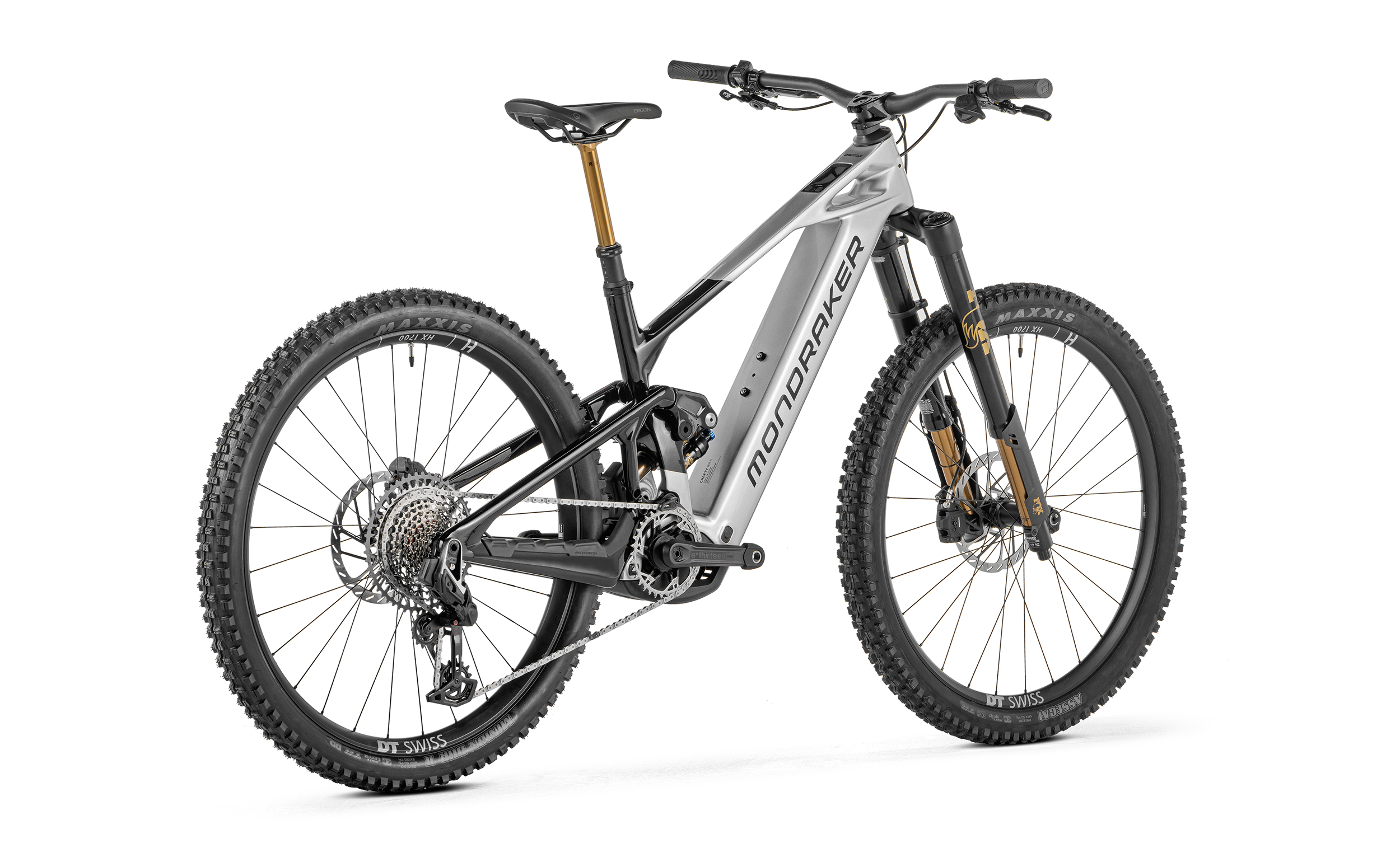 Celoodpružené elektrokolo MONDRAKER Crafty Carbon RR S Silverflash Karbonové enduro e-MTB elektrokolo MONDRAKER Crafty Carbon RR S s odpružením Fox Factory Kashima a motorem Bosch CX